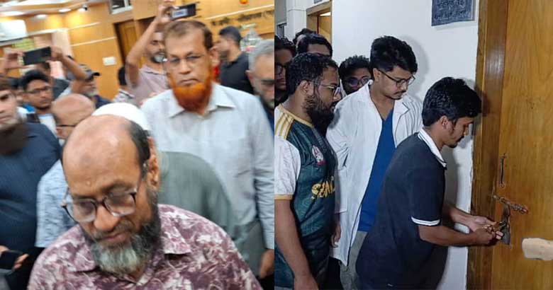 বরিশালে বিভাগীয় স্বাস্থ্য পরিচালকের কক্ষে তালা, পদায়ন বাতিলের দাবিতে বিক্ষোভ